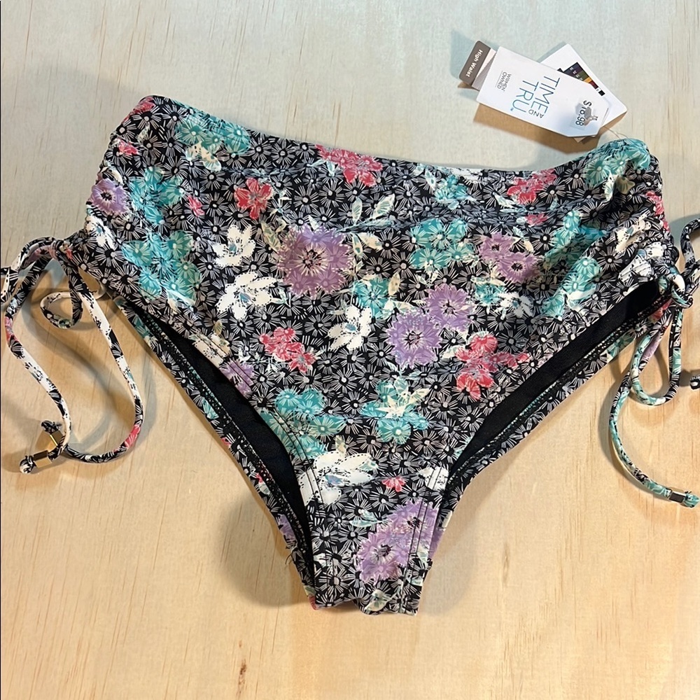Time and Tru Black  and floral Bikini Bottom, adjustable sides